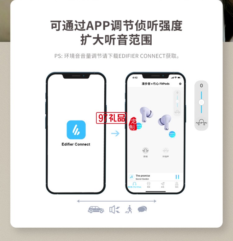漫步者（EDIFIER）冇心版 真無線主動降噪耳機 藍(lán)牙高檔禮品定制
