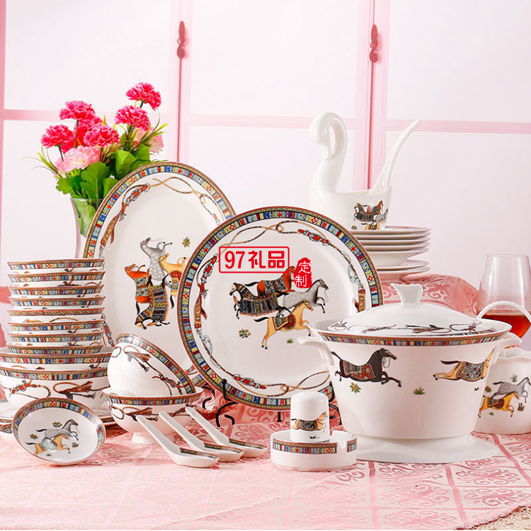 HERME愛馬60頭餐具套裝禮盒碗盤碟景德鎮(zhèn)骨瓷釉中彩陶瓷喬遷結婚
