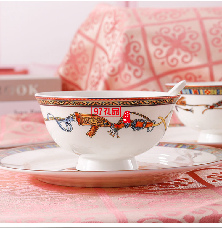 HERME愛馬60頭餐具套裝禮盒碗盤碟景德鎮(zhèn)骨瓷釉中彩陶瓷喬遷結婚